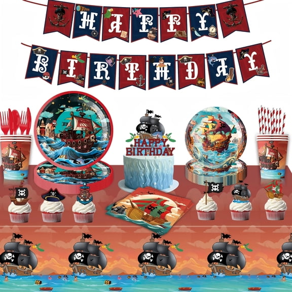 106Pcs Nautical Party Decorations, Pirate Party Birthday Set Includes Plates,Banner,Tablecloths,Cups,Napkins ,Adventure Disposable Party Supplies for First Birthday Party,Boys and Girls,Serves 10