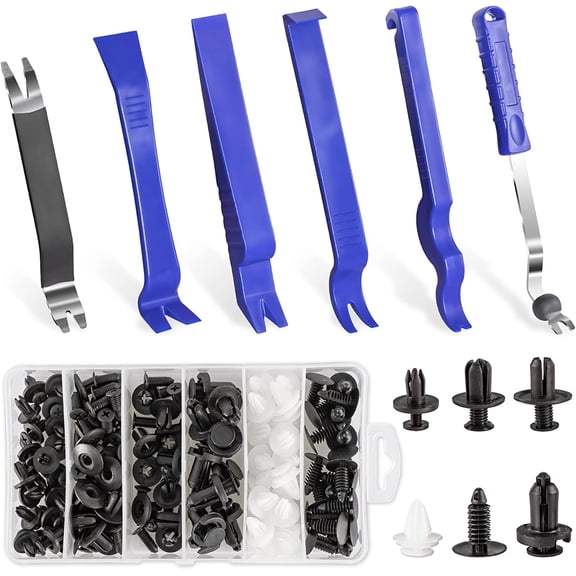 106pc Auto Trim Removal Tool & Bumper Retainer Clip Set, Blue Nylon Pry Bars with 100pc Universal Plastic Rivets for Car Interior