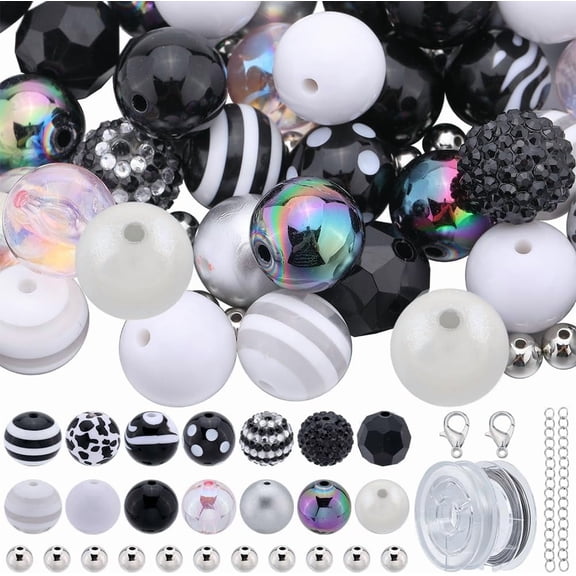 106pcs 20 mm Bubblegum Beads Bulk Black Bubblegum Beads Round Opaque Acrylic Black White Loose Spacer Bead with Lobster Clip Set for DIY Jewelry Making Necklace Christmas Decoration Gifts DIY