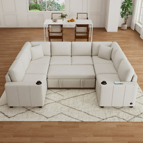 107.1" Sectional Sofa Convertible Pull-out Sofa Bed U-shaped Sofa for Living Room, Beige