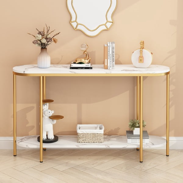 107*29*77cm White marble surface, 2-story long oval entrance table ...