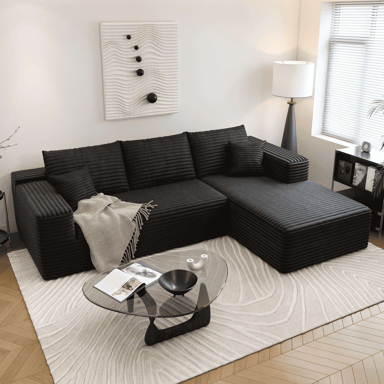 107.5" Cloud Sectional Couch with L-Shape Chaise,Modern Modular Sofa for Living Room ,No Assembly Required,(Black,Right Facing Chaise)