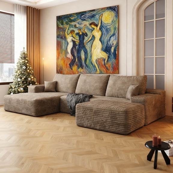 107.5" Compressed Boneless Couch with Ottoman, 2 Seater Large U Shaped Sectional Couches for Living Room, Beige Corduroy Cloud Modular Sectional Sofa, Memory Foam, No Assembly,Light Facing Chaise