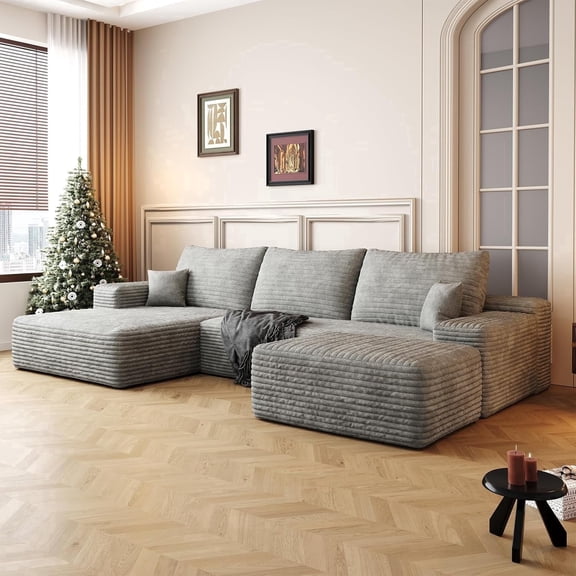 107.5" Compressed Boneless Couch with Ottoman, 2 Seater Large U Shaped Sectional Couches for Living Room, Grey Corduroy Cloud Modular Sectional Sofa, Memory Foam, No Assembly，Light Facing Chaise