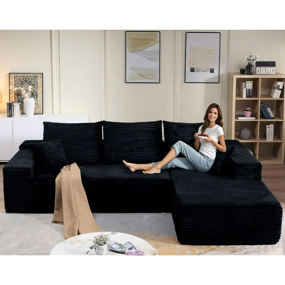 107.5" Modern Cloud Modular Sofa with L-Chaise, Black Corduroy Sectional, Deep Seat, No Assembly Required