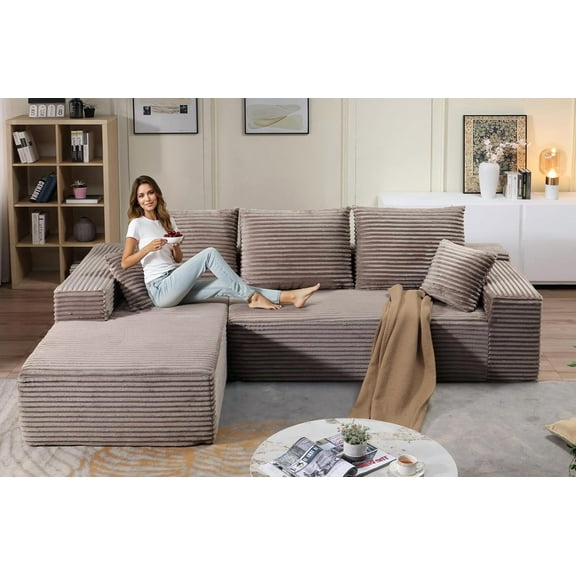 107.5" Oversized Cloud Modular Sofa with Chaise, Deep Seat Modern Sectional Couch,Corduroy Upholstered L-Shape Sofa, No Assembly Required