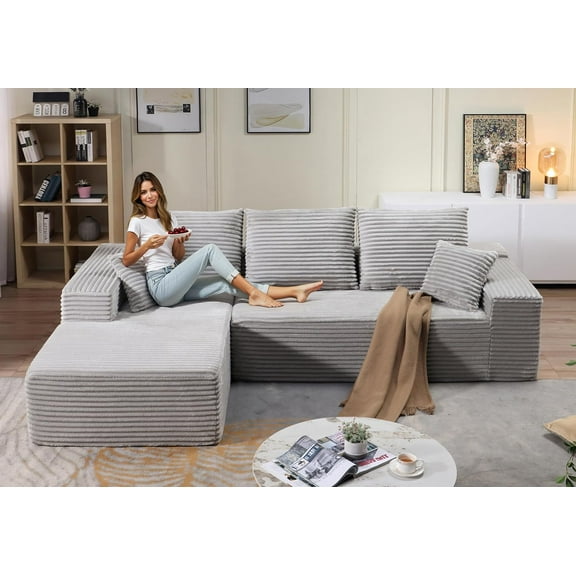 107.5" Oversized Cloud Modular Sofa with Chaise, Deep Seat Modern Sectional Couch,Corduroy Upholstered L-Shape Sofa, No Assembly Required