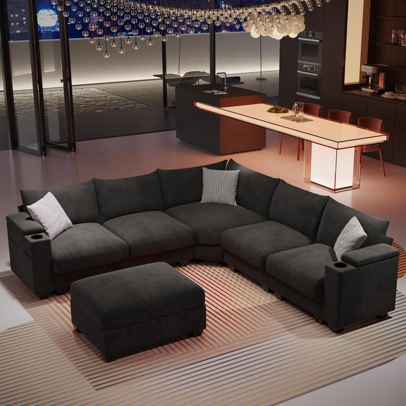 107" 6-Seat L-Shaped Modular Sectional Sofa - Storage Ottoman, Armrest Storage, Cup Holders & USB-C Charging