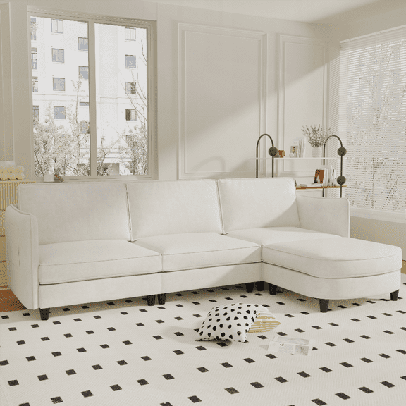 107.8'' 3-Seater L-Shaped Sofa with Movable Ottoman & Arm Pockets for Living Room, Office & Apartment