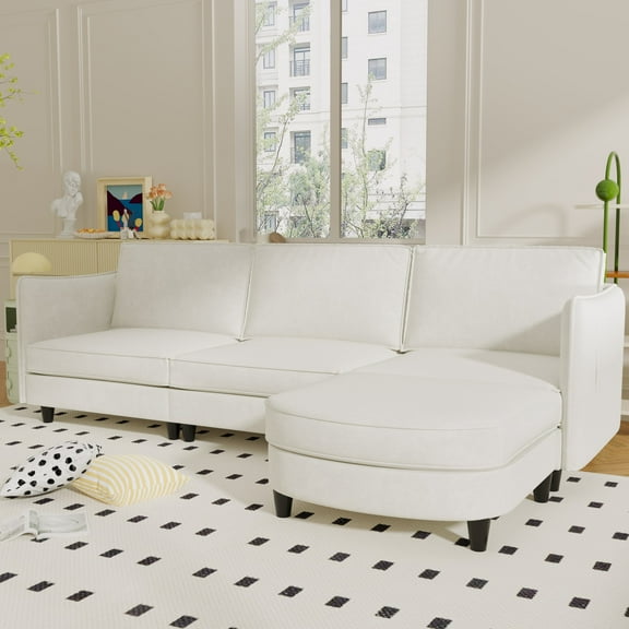 107.8'' Large Size 3 Seater Sofa Couch, L-Shaped Sofas with Movable Ottoman, Arm with Pockets,Modern Fabric Couches for Living Room, Apartment, Office (Beige)