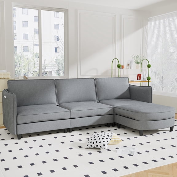 107.8'' Large Size 3 Seater Sofa Couch, L-Shaped Sofas with Movable Ottoman, Arm with Pockets,Modern Fabric Couches for Living Room, Apartment, Office (Grey)