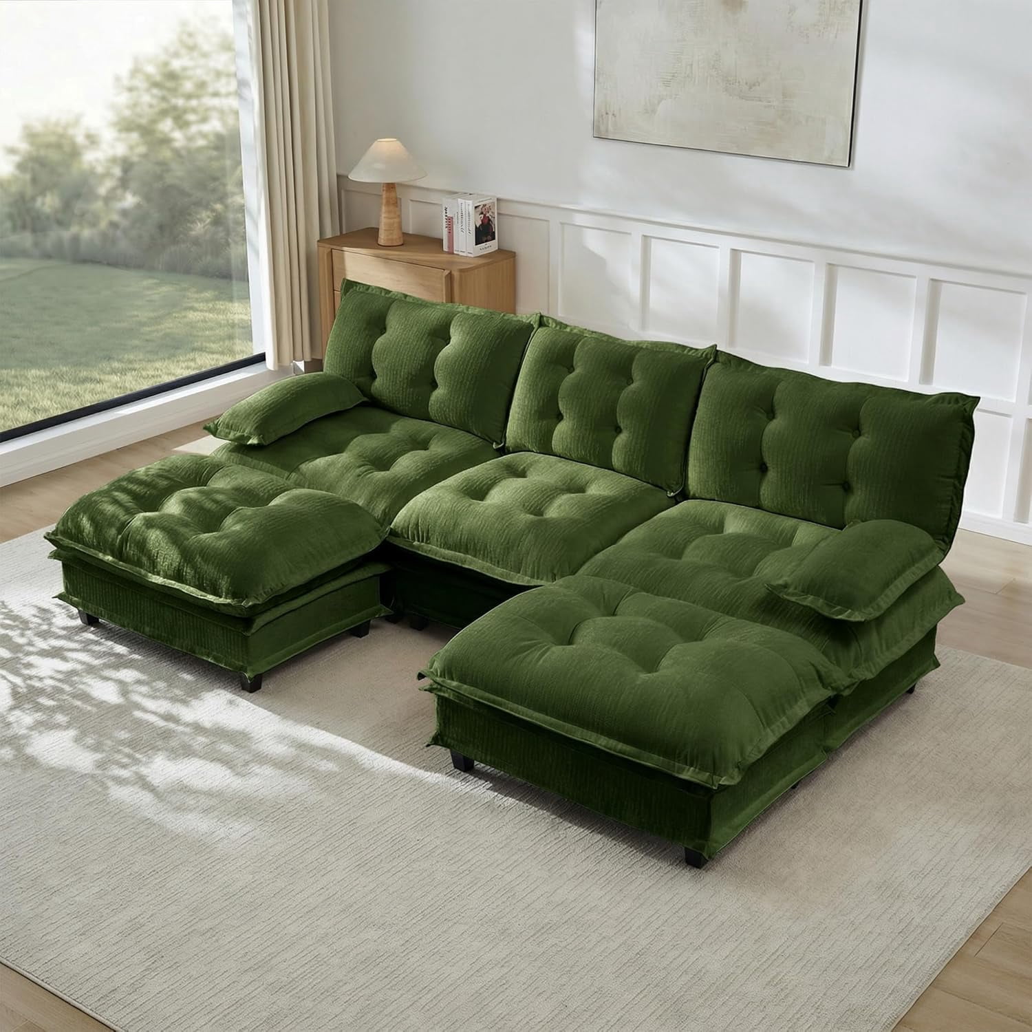 107.8'' Modular Sectional Sofa, Chenille 3-Seater Couches with 2 Ottomans, Modern U Shaped Couch, Cloud Living Room Sofa Set, Chaise Lounge, Pillow Arms, for Offices, Green