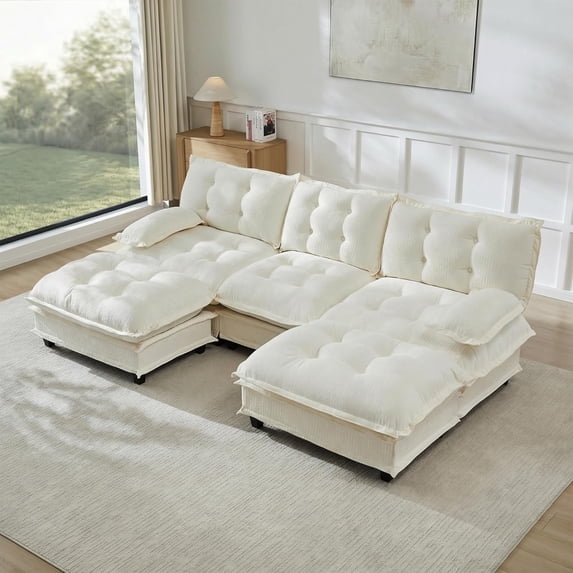 107.8'' Modular Sectional Sofa, Chenille 3-Seater Couches with 2 Ottomans, Modern U Shaped Couch, Cloud Living Room Sofa Set, Chaise Lounge, Pillow Arms, for Offices, Beige