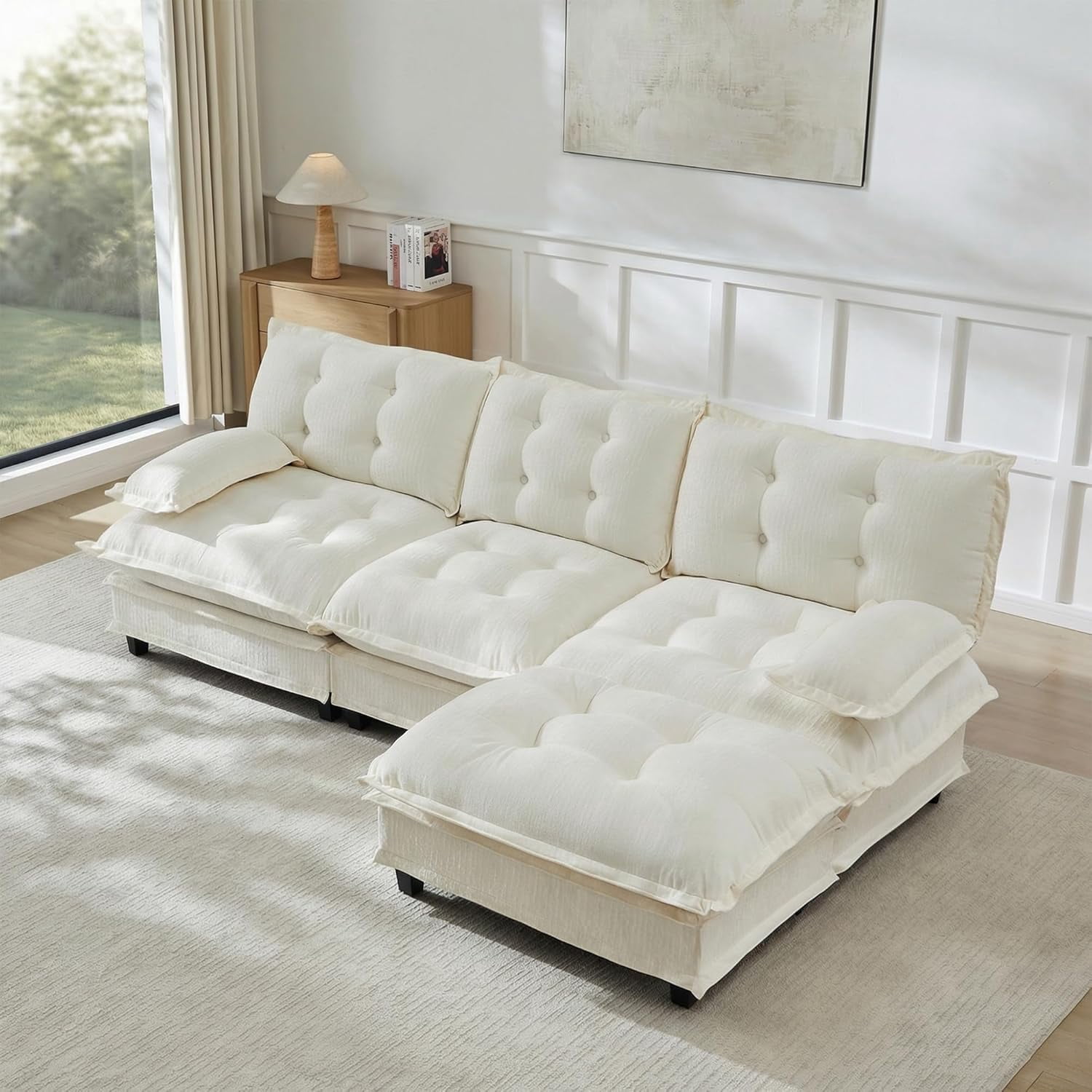 107.8'' Modular Sectional Sofa, Chenille 3-Seater Couches with Ottoman, Modern L Shaped Couch, Cloud Living Room Sofa Set, Comfy Chaise Lounge, Pillow Arms for Office, Beige