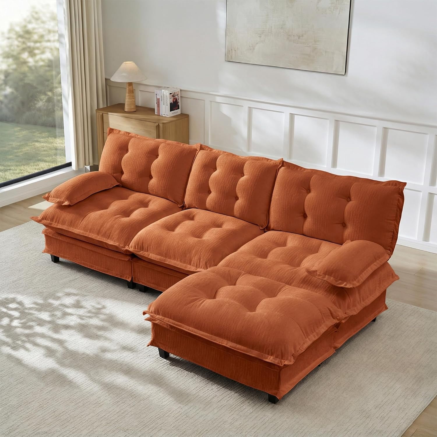 107.8'' Modular Sectional Sofa, Chenille 3-Seater Couches with Ottoman, Modern L Shaped Couch, Cloud Living Room Sofa Set, Comfy Chaise Lounge, Pillow Arms for Office, Red Brown
