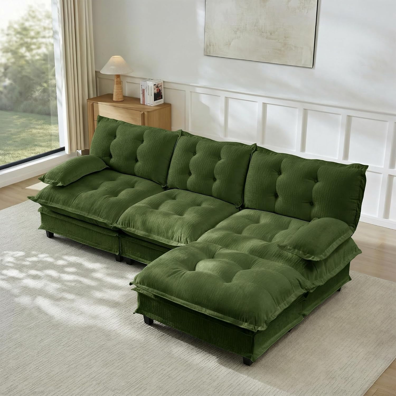 107.8'' Modular Sectional Sofa, Chenille 3-Seater Couches with Ottoman, Modern L Shaped Couch, Cloud Living Room Sofa Set, Comfy Chaise Lounge, Pillow Arms for Office, Green
