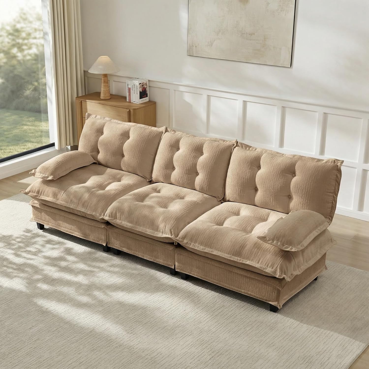 107.8'' Modular Sectional Sofa, Chenille 3-Seater Sofas, Comfy Cloud Couches for Living Room, Modern Tufted Back Couch, Pillow Arms, for Small Spaces, Apartment, Offices, Camel