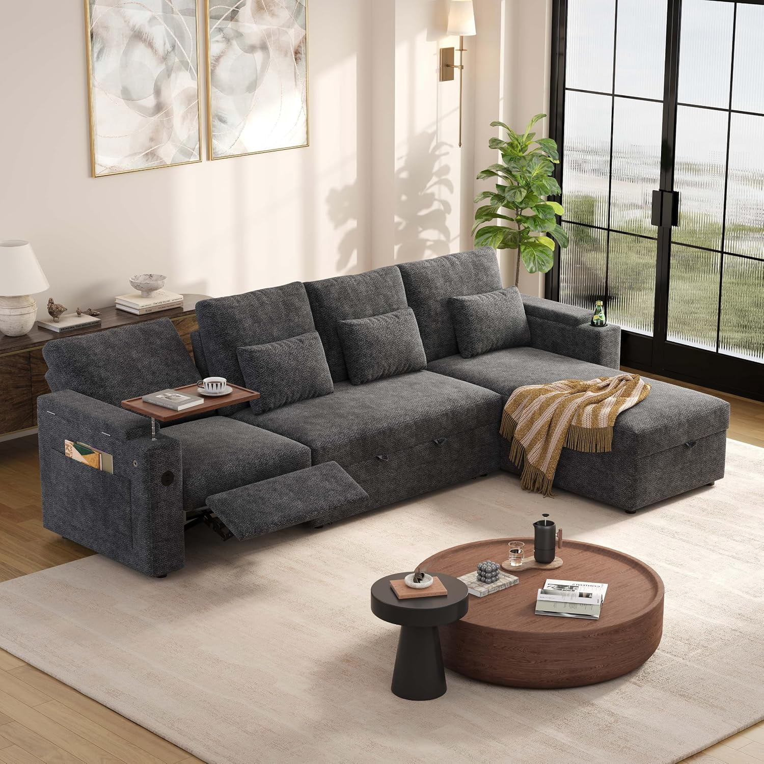 107.8''Sleeper Sofa Bed, Recliner Pull Out Couches for Living Room, Gray,Chenille L-Shaped Sofa with USB, Storage Chaise, Table and Cup Holder, 4-seater Sofa Fit for Movie Nights, Apartment, Studio