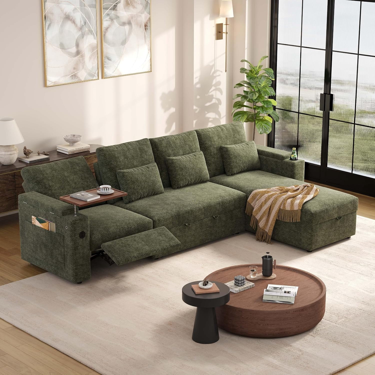 107.8''Sleeper Sofa Bed, Recliner Pull Out Couches for Living Room, Green,Chenille L-Shaped Sofa with USB, Storage Chaise, Table and Cup Holder, 4-seater Sofa Fit for Movie Nights, Apartment, Studio