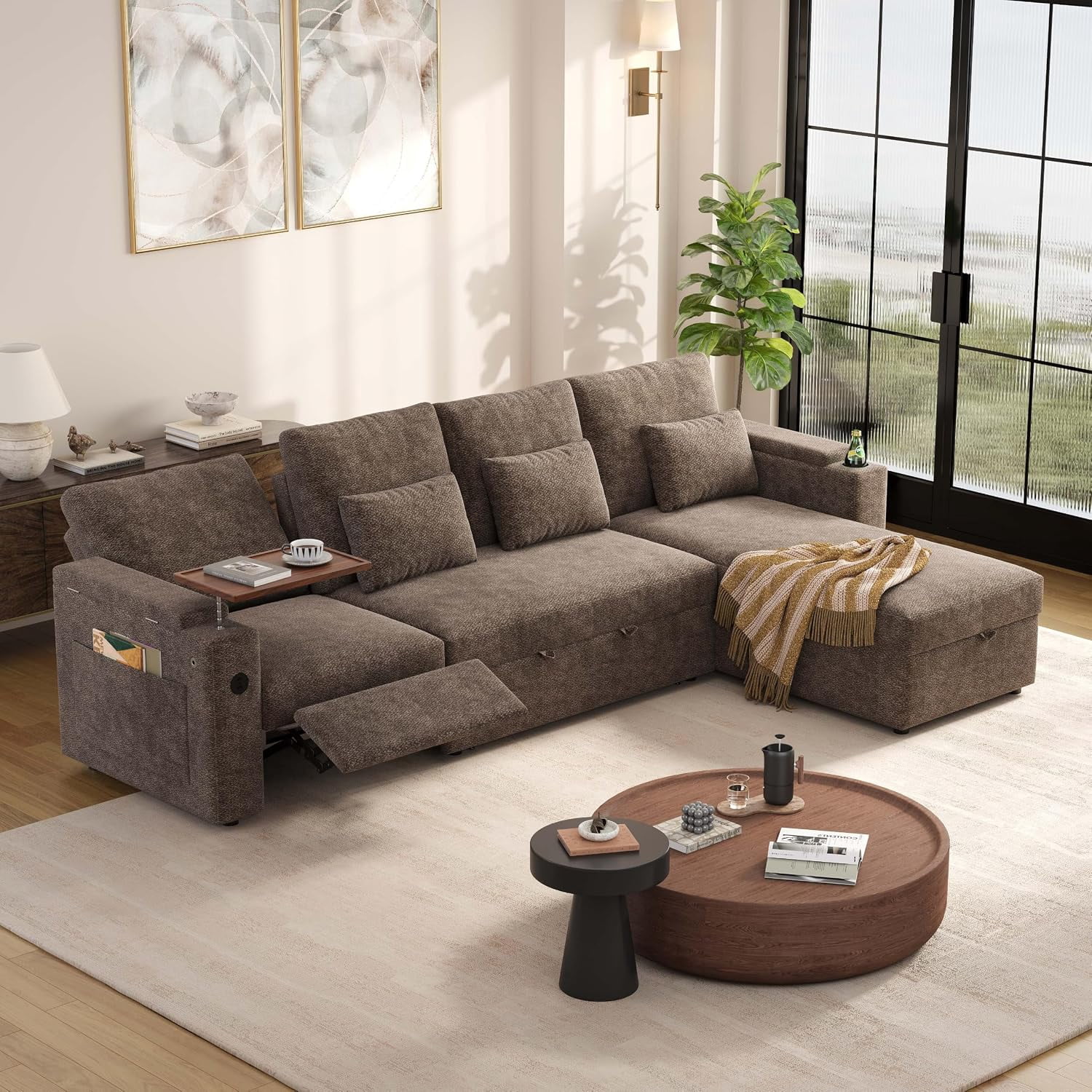 107.8''Sleeper Sofa Bed, Recliner Pull Out Couches for Living Room, Khaki,Chenille L-Shaped Sofa with USB, Storage Chaise, Table and Cup Holder, 4-seater Sofa Fit for Movie Nights, Apartment, Studio