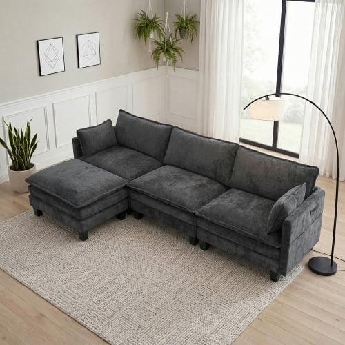 107.87" Chenille Sofa Set, Modern, 3-Seat Couch with Ottoman, Built-in USB Ports and Side Pockets for Living Room, Black