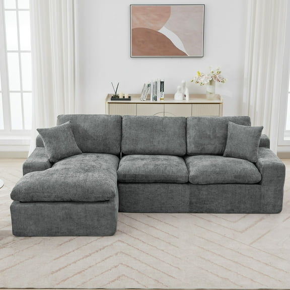 107.9" Upholstered Sectional Sofa,Cloud Sofa Couch with Double-layer Cushion and Side Pockets,Compressed Sofa,Free-combined Sectional Sofa for Living Room,Grey