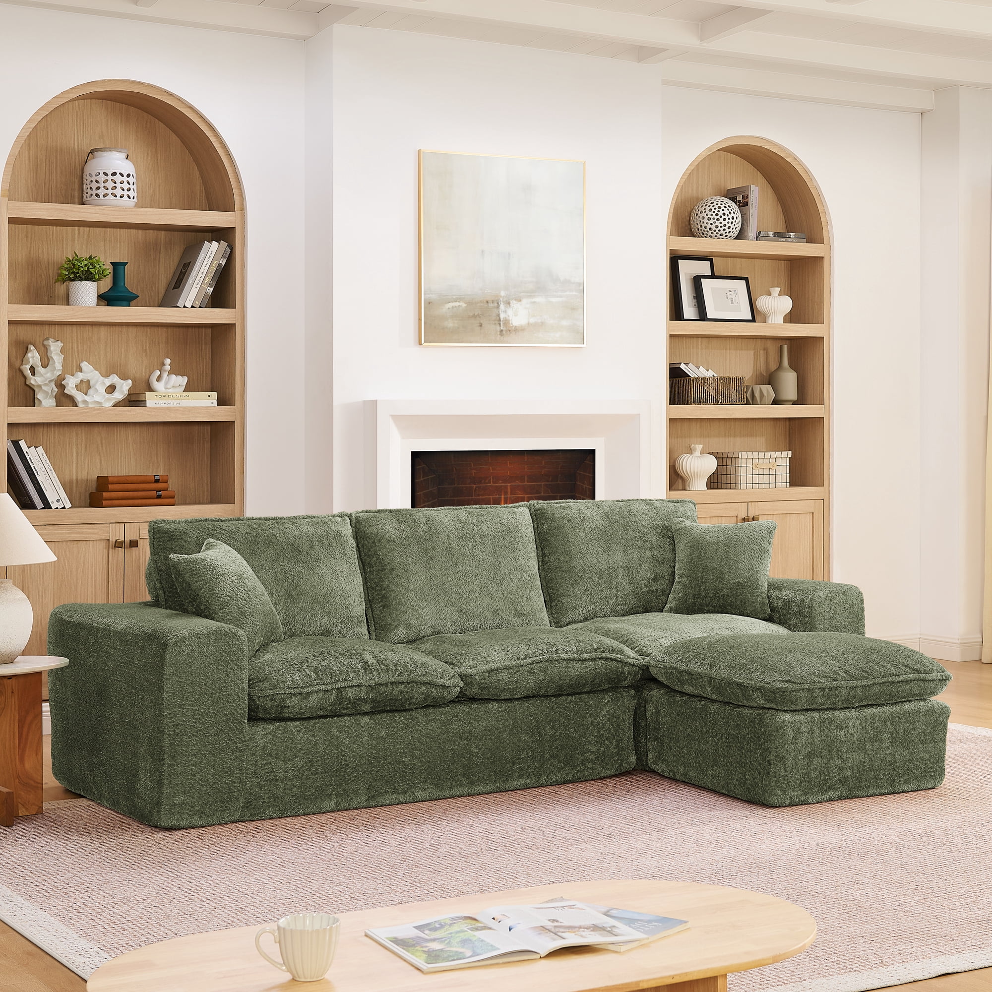 107" Boucle Sectional Sofa L Shaped Couch with Ottoman Cloud Couch 4 Seat Modular Sofa Deep Seat Living Room Furniture, Green