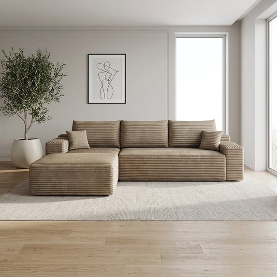 107" Cloud Sectional Couch with L-Shape Chaise in Camel Plush Corduroy
