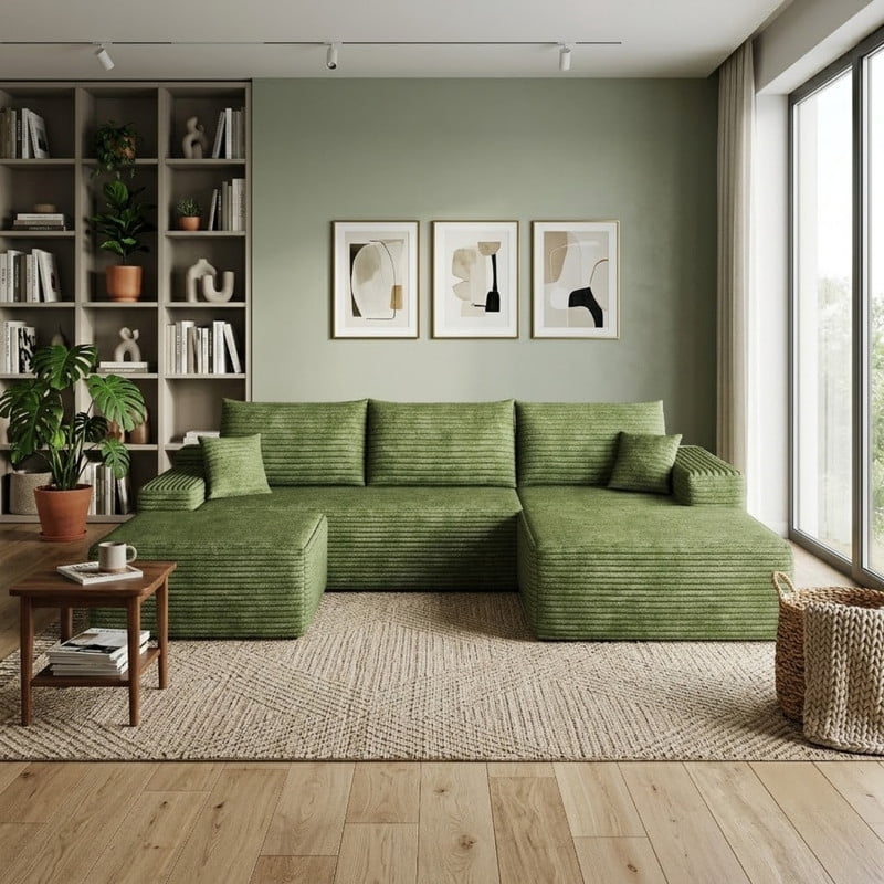 107" Cloud Sectional Sofa with Ottoman, Modern U-Shaped Modular Sofa, Deep Seat Upholstered Couch with Plush Corduroy Fabric, No Assembly Required, Comfort Corner Sofa for Living Room & Apartment