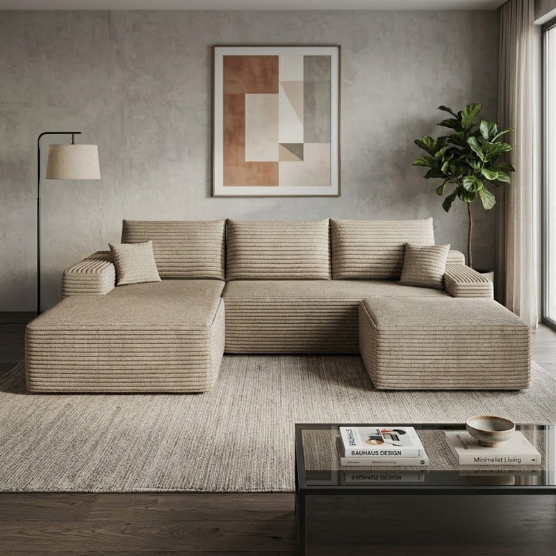 107" Cloud Sectional Sofa with Ottoman, U-Shaped Modular Couch with Deep Seats, Modern Minimalist Upholstered Sofa with Chaise, Plush Corduroy Living Room Sofa, No Assembly Required