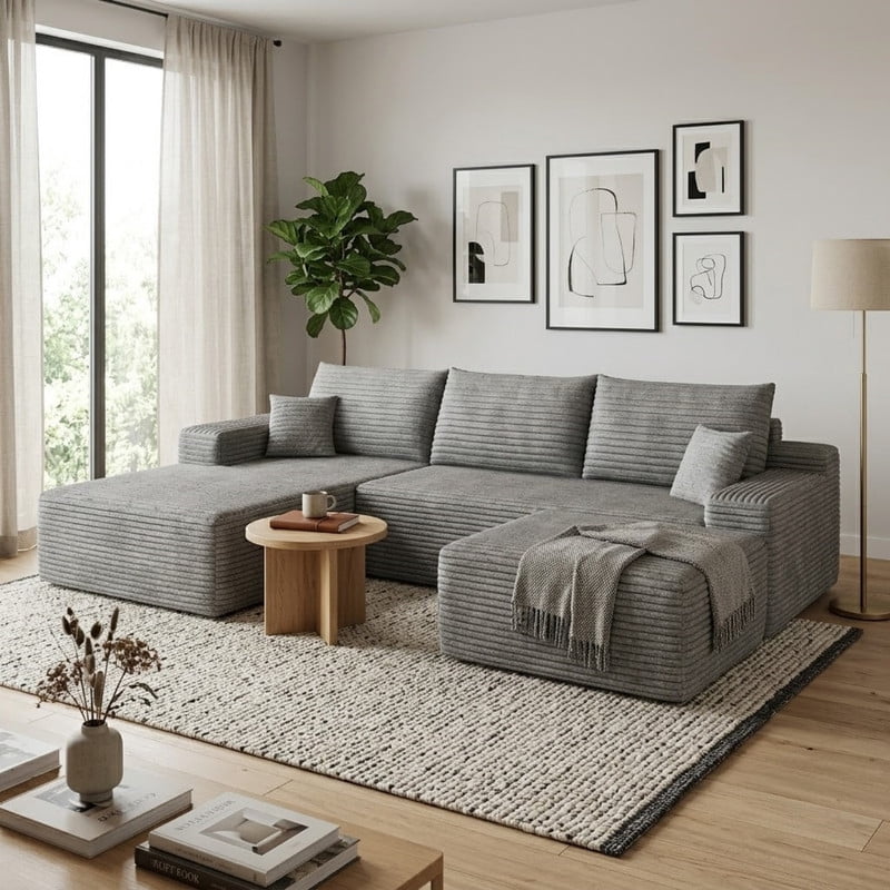 107" Cloud Sectional Sofa with Ottoman, U-Shaped Modular Couch with Deep Seats, Modern Minimalist Upholstered Sofa with Chaise, Plush Corduroy Living Room Sofa, No Assembly Required