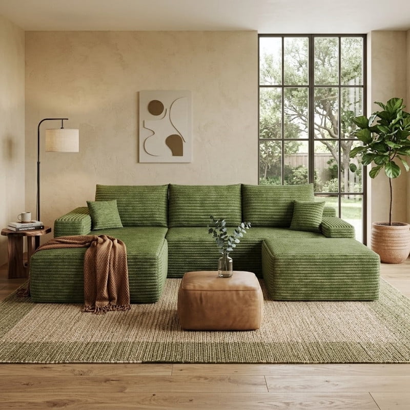 107" Cloud Sectional Sofa with Ottoman, U-Shaped Modular Couch with Deep Seats, Modern Minimalist Upholstered Sofa with Chaise, Plush Corduroy Living Room Sofa, No Assembly Required