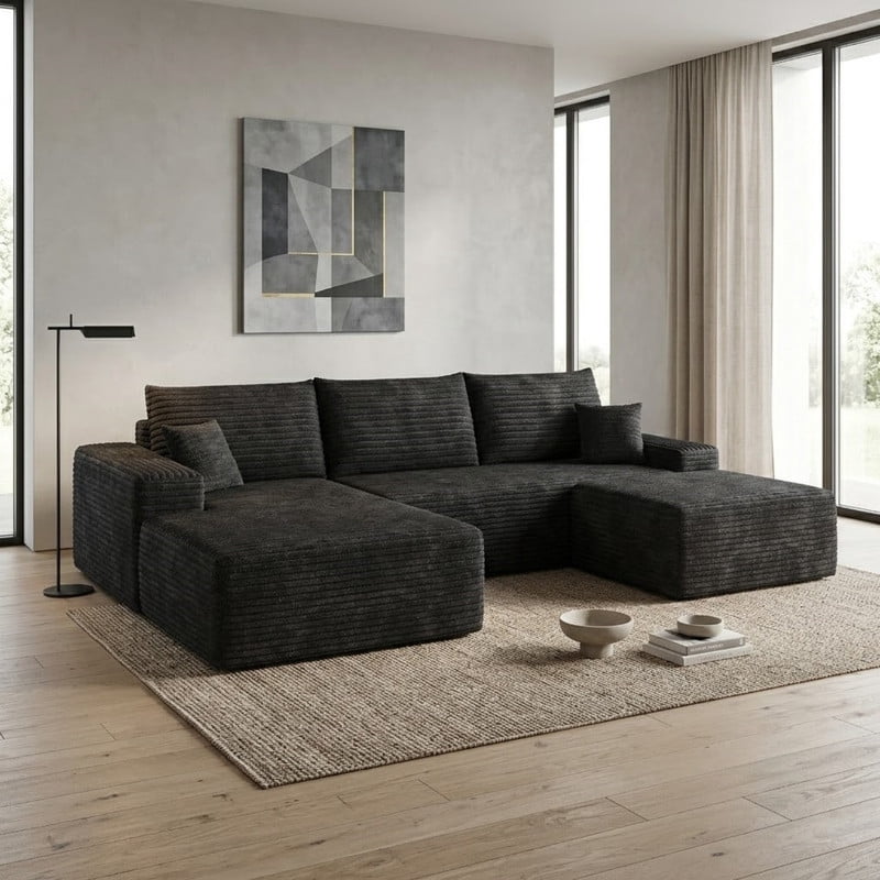 107" Cloud Sectional Sofa with Ottoman, U-Shaped Modular Couch with Deep Seats, Modern Minimalist Upholstered Sofa with Chaise, Plush Corduroy Living Room Sofa, No Assembly Required