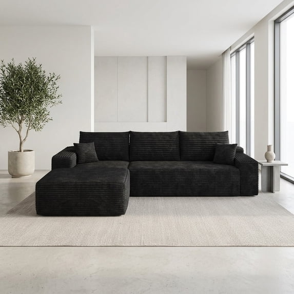 107" Cloud Sectional Sofa with L-Shape Chaise, Plush Corduroy Fabric, Black