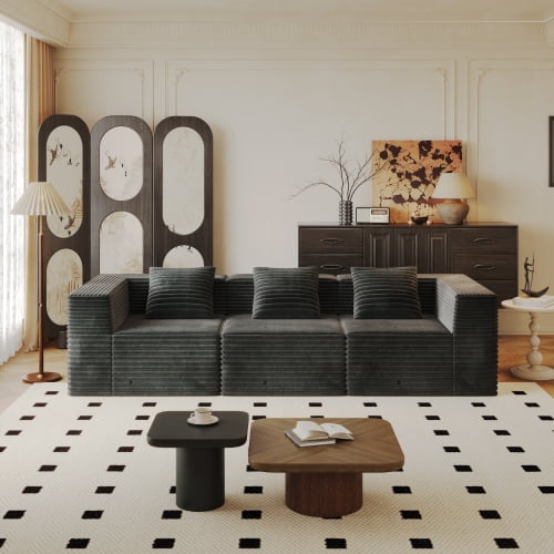 107" Corduroy Fabric Modular Sectional Sofa, Modern Boneless Compressed Floor Sectional Sofa with No Assembly, Deep Seat Chaise Lounge Indoor with Memory Foam for Living Room, Gray