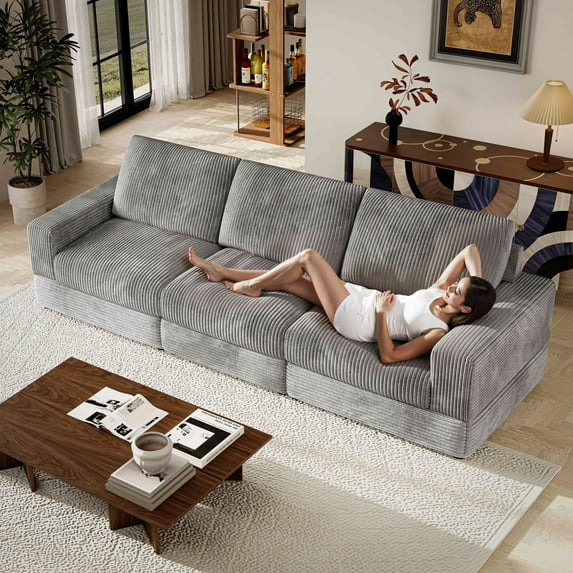 107'' Gray Corduroy Sectional Sofa, 3 Seater Modern Modular Oversized Upholstered Couch with Comfy Pillows Deep Seat And Square Arm For Living Room Bedroom Apartment Office (Grey, 3 Seater)