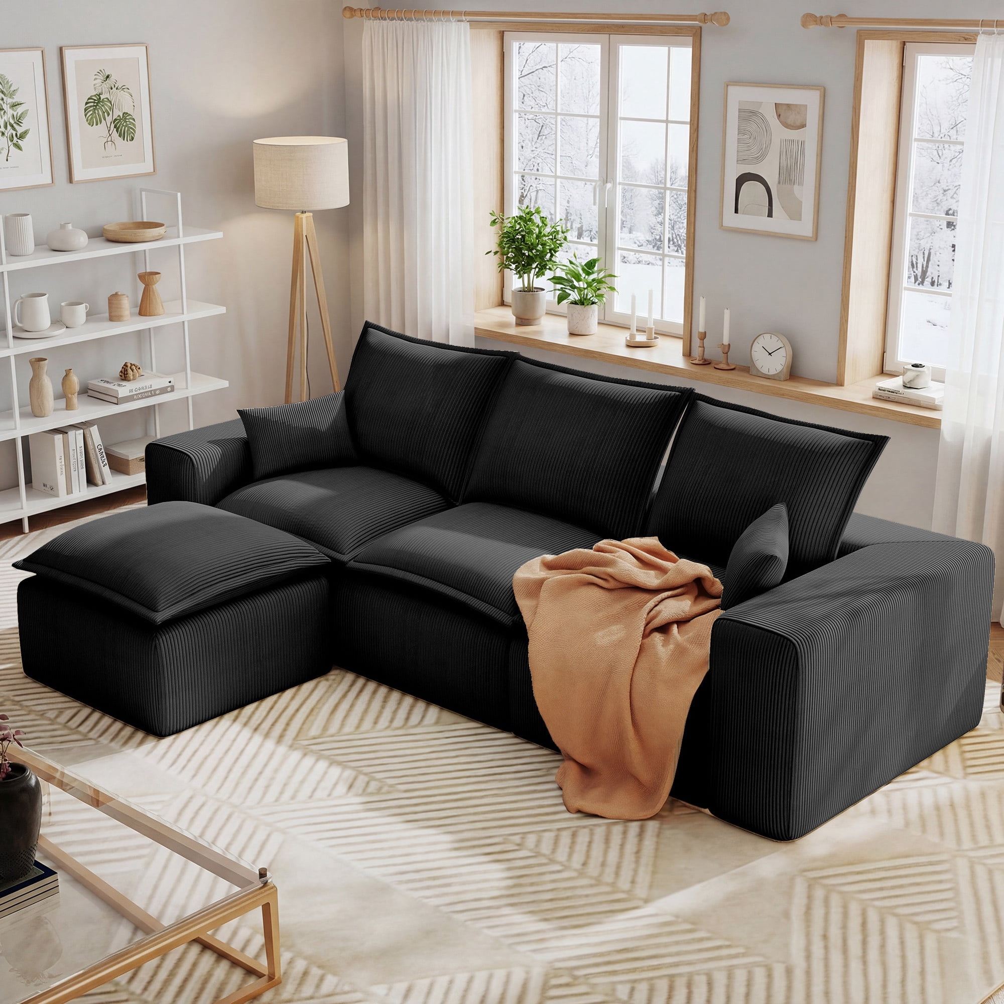107" L-Shape Modular Sectional Sofa Corduroy Cloud Couch with Ottoman Compressed Foam for Living Room, No Assembly Required Black