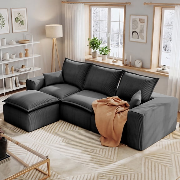 107" L-Shape Modular Sectional Sofa Corduroy Cloud Couch with Ottoman Compressed Foam for Living Room, No Assembly Required Gray