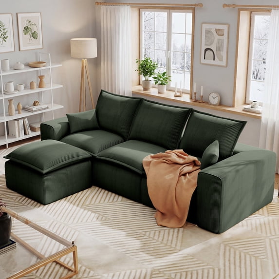 107" L-Shape Modular Sectional Sofa Corduroy Cloud Couch with Ottoman Compressed Foam for Living Room, No Assembly Required Green
