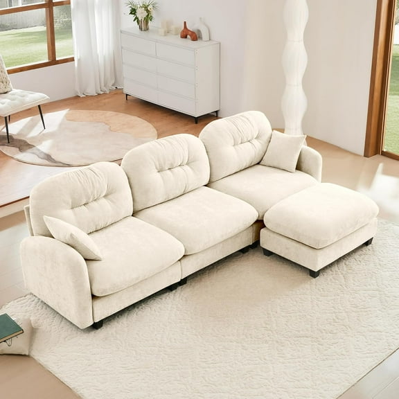 107" L-Shaped Oversized Chenille Modular Sectional Sofa with 1 Ottoman, High-Density Foam Cushions, Tufted Pleated Cushion Backrest, Modern 3-Seater Couch with 2 Pillow, for Living Room, Beige