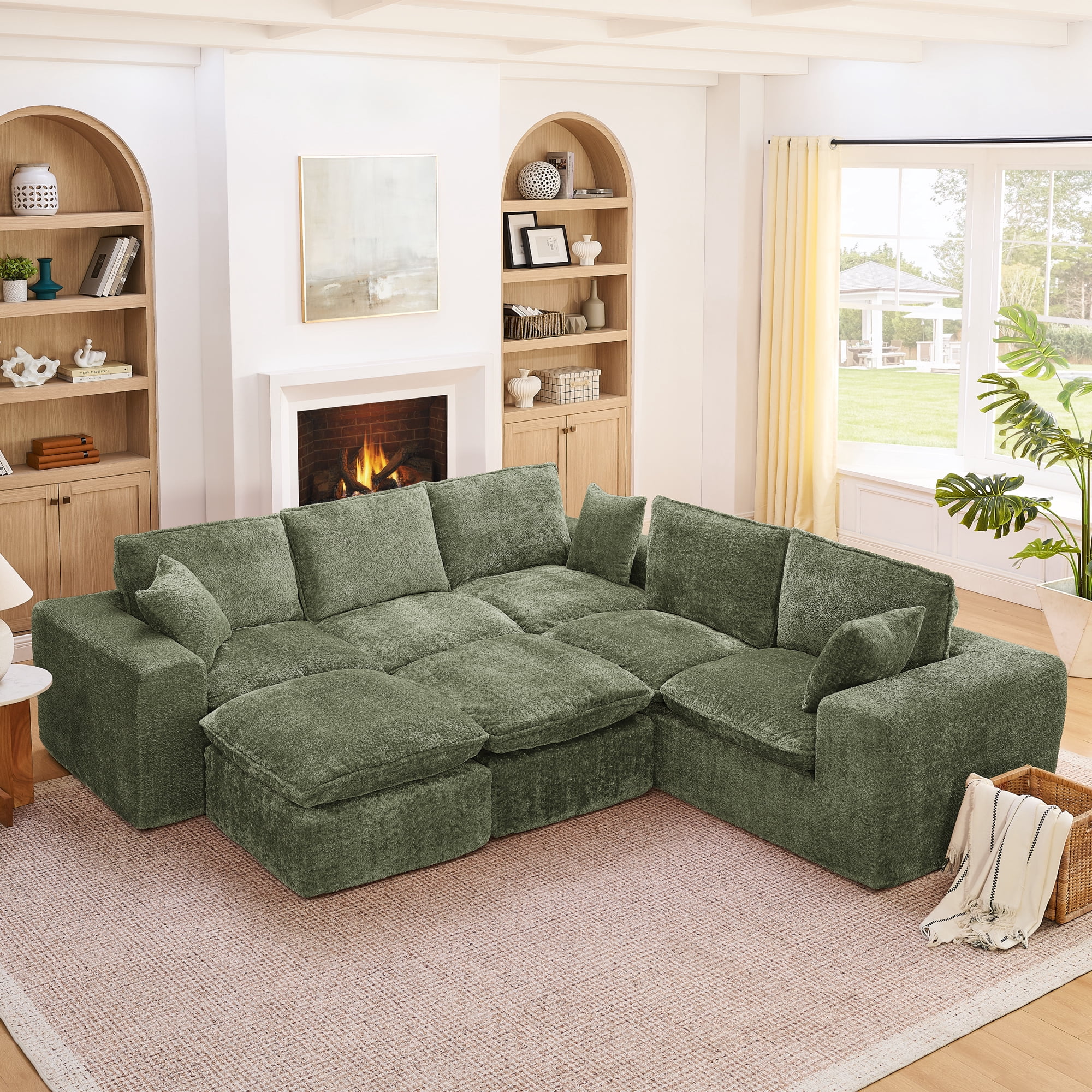 107" L Shaped Sectional Sofa 7 Seat Cloud Couch Boucle Fabric Modular Sofa with Ottoman Deep Seat Comfy Couch for Living Room, Green