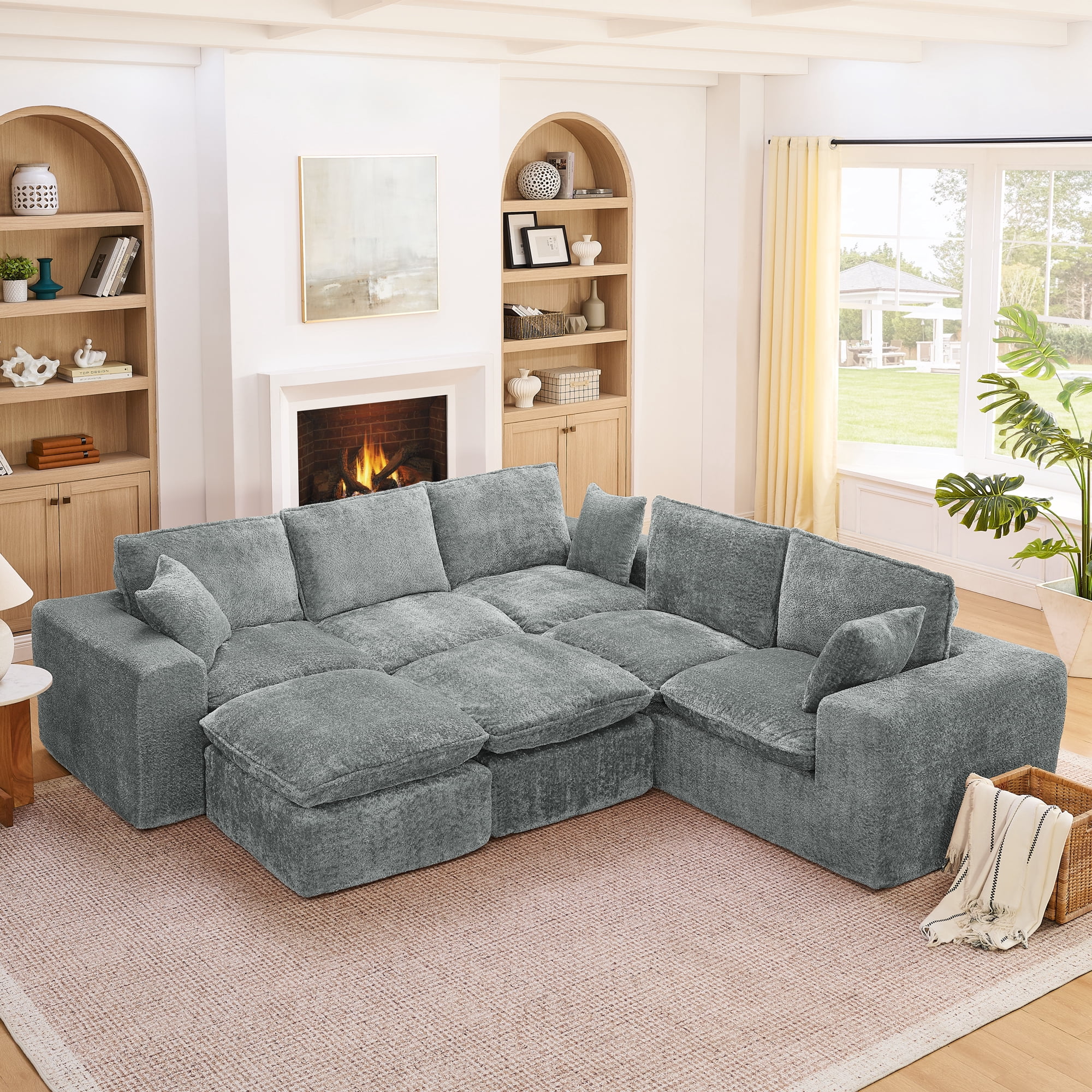 107" L Shaped Sectional Sofa 7 Seat Cloud Couch Boucle Fabric Modular Sofa with Ottoman Deep Seat Comfy Couch for Living Room, Grey