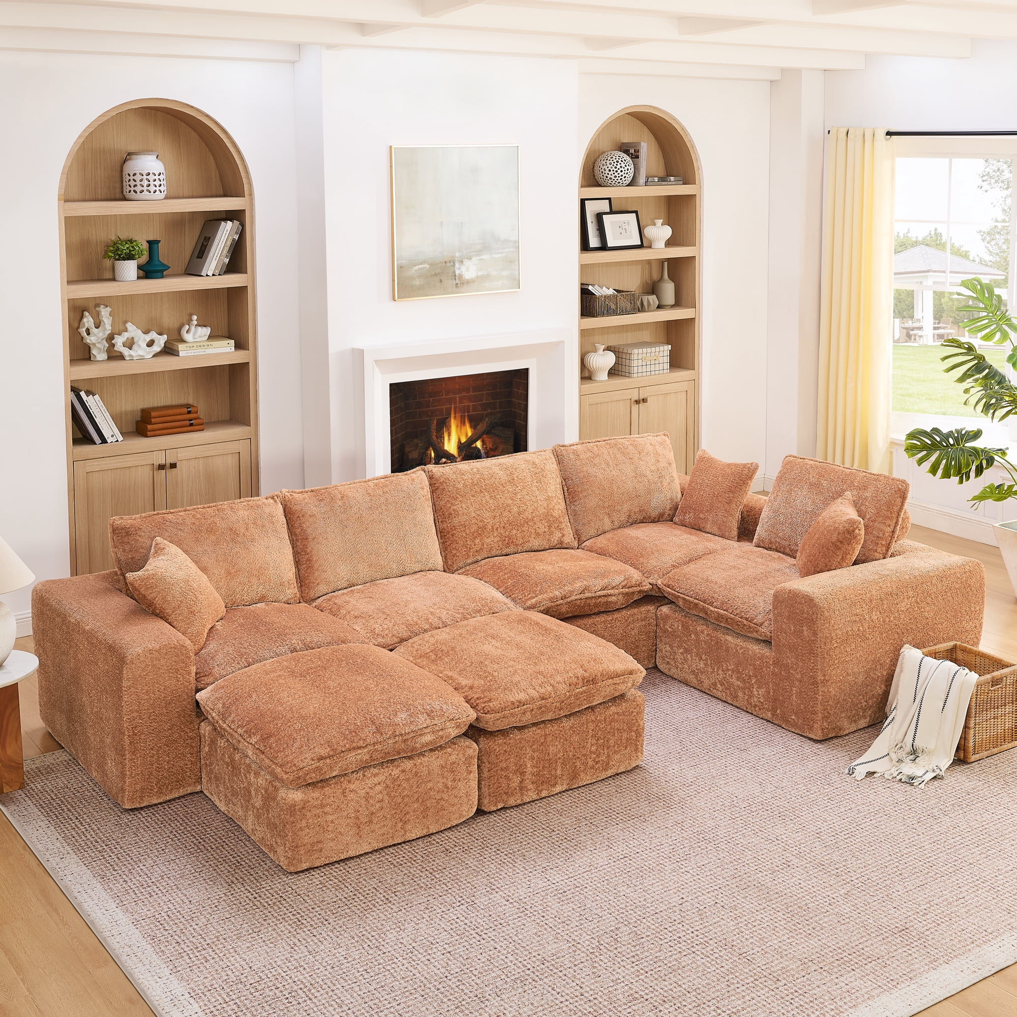 107" L Shaped Sectional Sofa 7 Seat Cloud Couch Boucle Fabric Modular Sofa with Ottoman Deep Seat Comfy Couch for Living Room, Orange