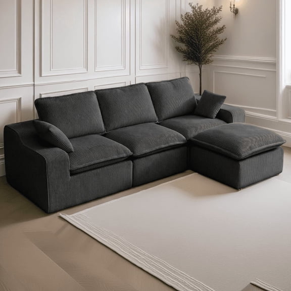 107" L-shaped compression sofa, movable footstool, flexible combination, suitable for living room, no assembly required, corduroy, black