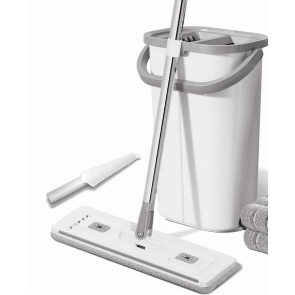 Self-Wringing Mop and Bucket Set, Hands-Free Floor Cleaner with 3 Reusable Microfiber Pads, Spin Mop for Tile, Hardwood, Laminate & Windows