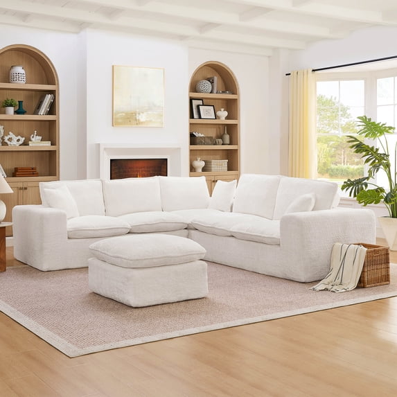 107" Modern Boucle L-Shaped Sectional Sofa with Moveable Ottoman for Living Room, Comfy Cloud Couch with Pillows, Diy Combination (Beige)