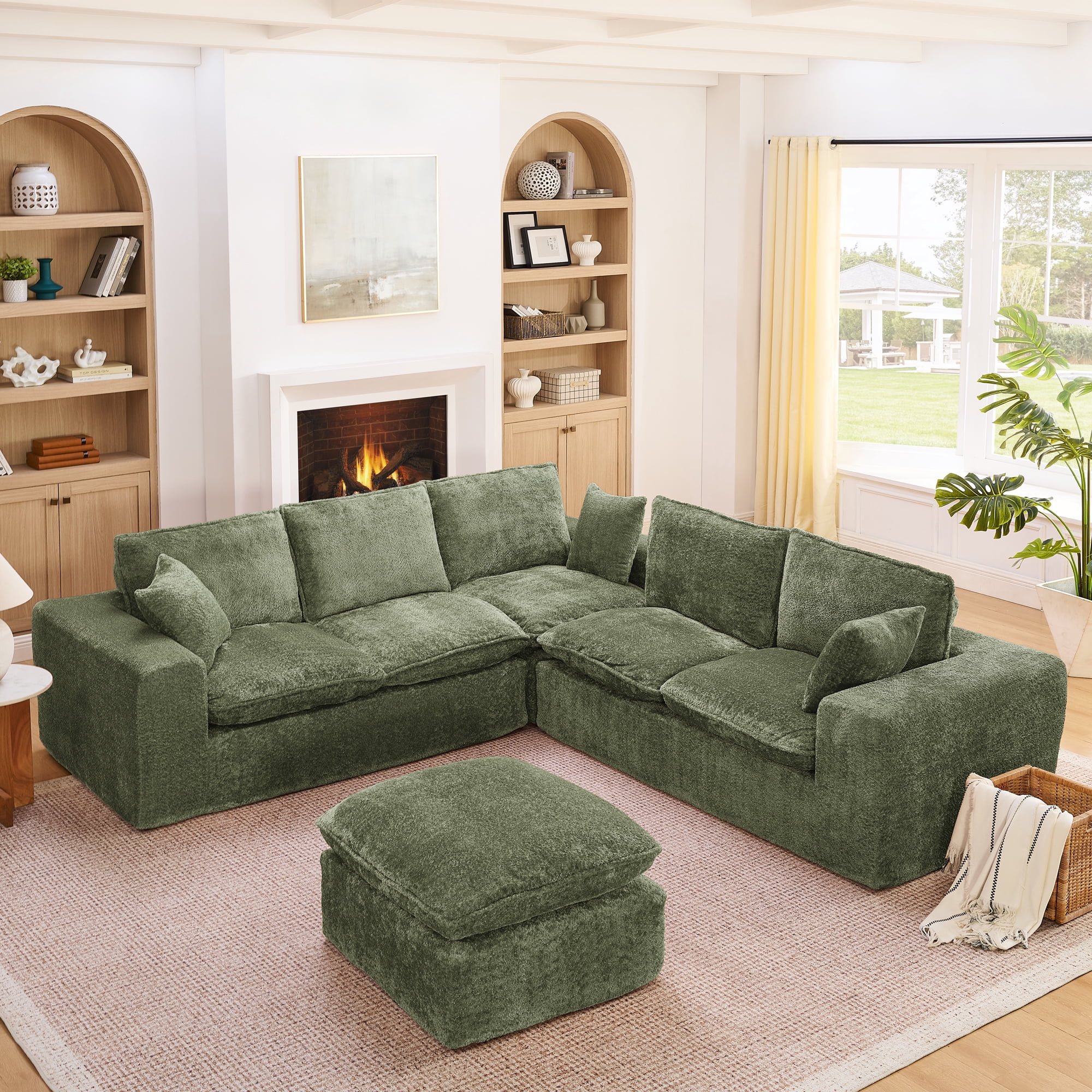 107" Modular 6 Seats Sectional Sofa Boucle Cloud Couch L Shape with Ottoman Deep Seat Comfy Living Room Sofa with Pillows, No Assembly, Green