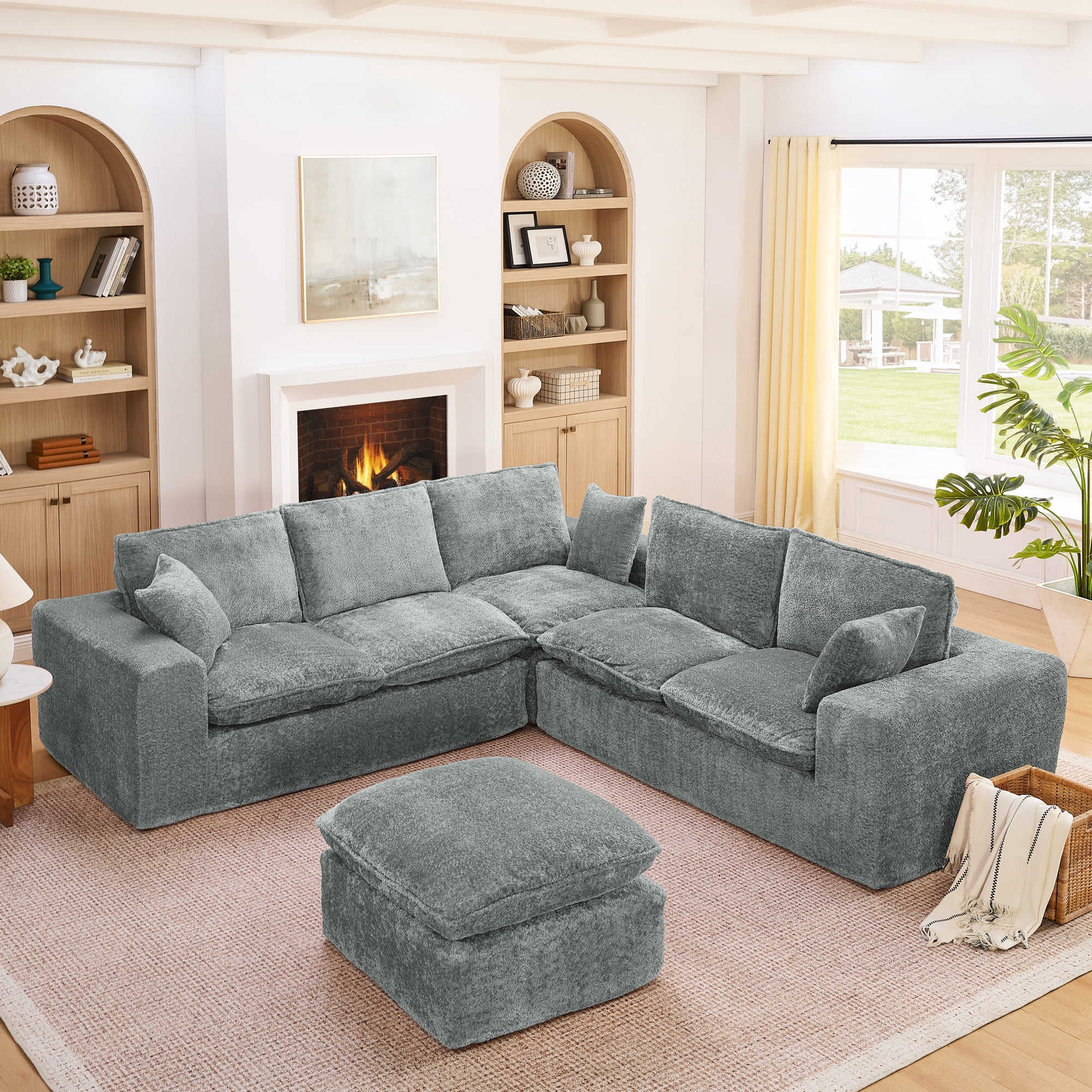 107" Modular 6 Seats Sectional Sofa Boucle Cloud Couch L Shape with Ottoman Deep Seat Comfy Living Room Sofa with Pillows, No Assembly, Grey