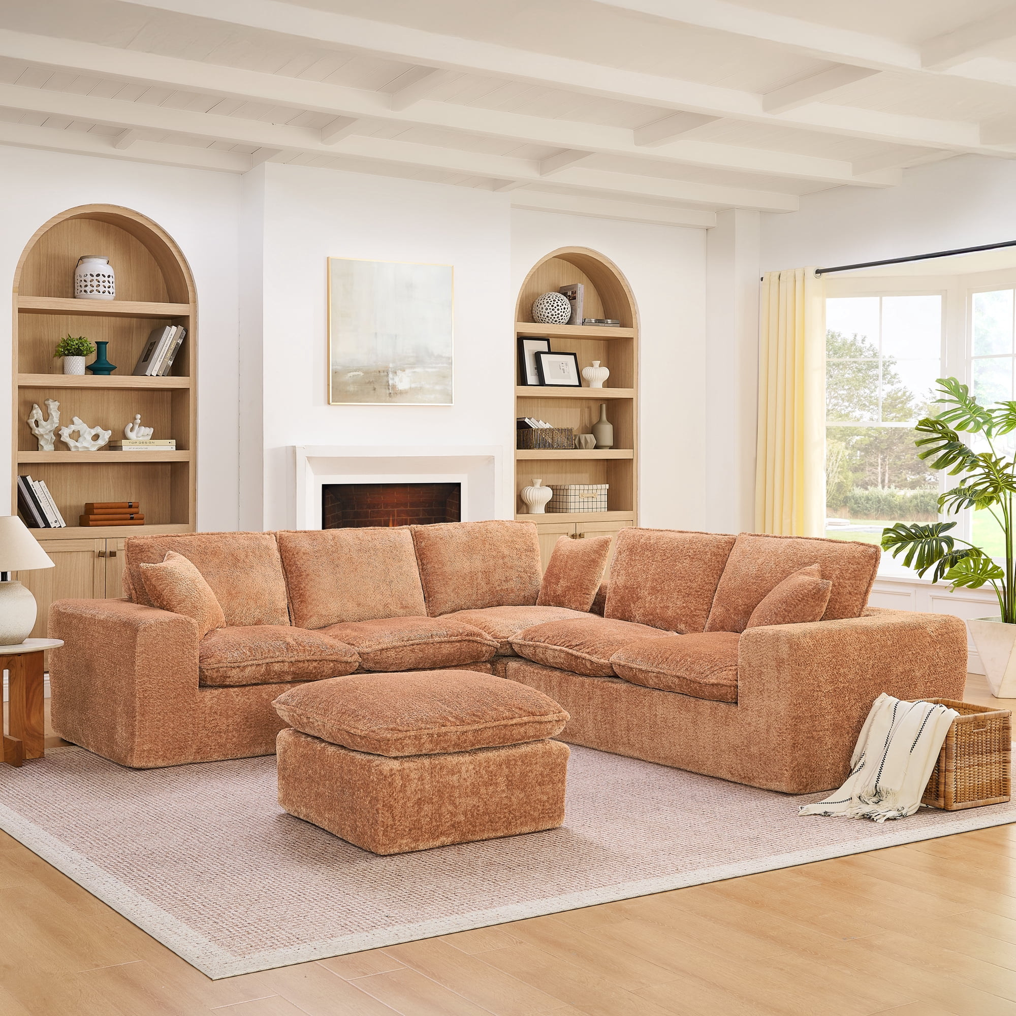 107" Modular 6 Seats Sectional Sofa Boucle Cloud Couch L Shape with Ottoman Deep Seat Comfy Living Room Sofa with Pillows, No Assembly, Orange