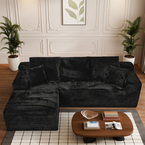 107" Modular Cloud Combination Sofa, L-Shaped Sleeper Sectional with Reclining Chaise, Rabbit Hair Corduroy, Deep Seat, Black